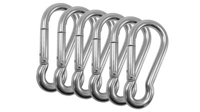 Branded Boards Heavy Duty Bushcraft Stainless Steel Carabiner Spring Snap Clip Link Hooks. 200-500lb Load. 2, 6 & 12 Packs (5cm-6-pack)