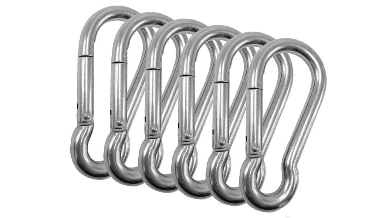 Branded Boards Heavy Duty Bushcraft Stainless Steel Carabiner Spring Snap Clip Link Hooks. 200-500lb Load. 2, 6 & 12 Packs (5cm-6-pack)