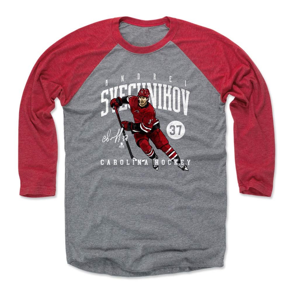 500 LEVEL Andrei Svechnikov Tee Shirt (Baseball Tee, XXX-Large, Red/Heather Gray) - Carolina Raglan Tee - Andrei Svechnikov Game WHT