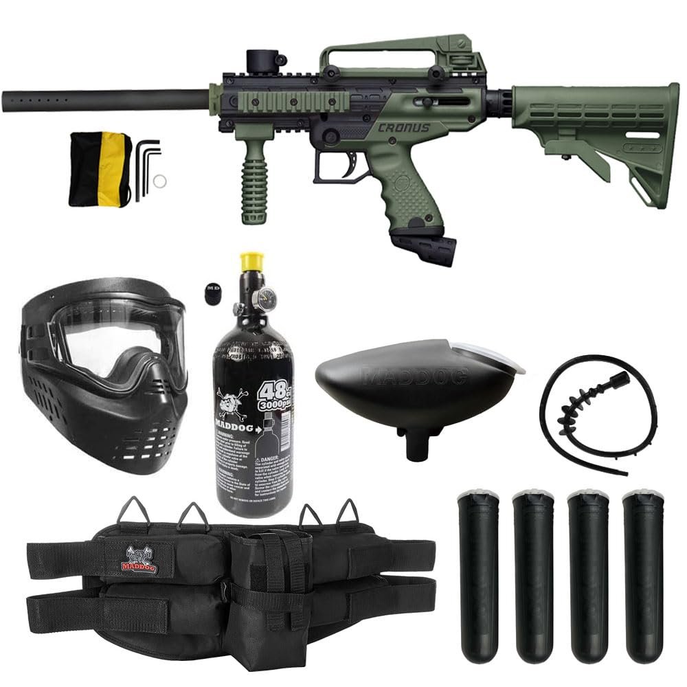 Maddog Tippmann Cronus Tactical Paintball Gun Marker and Silver HPA Accessory Starter Package | Comes with Marker, Anti-Fog Mask, Hopper, Harness, Pods, & 48CI HPA Tank - Black/Olive
