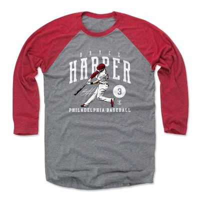 500 LEVEL Bryce Harper 3/4 Sleeve T-Shirt (Baseball Tee, XXX-Large, Red/Heather Gray) - Bryce Harper Game WHT