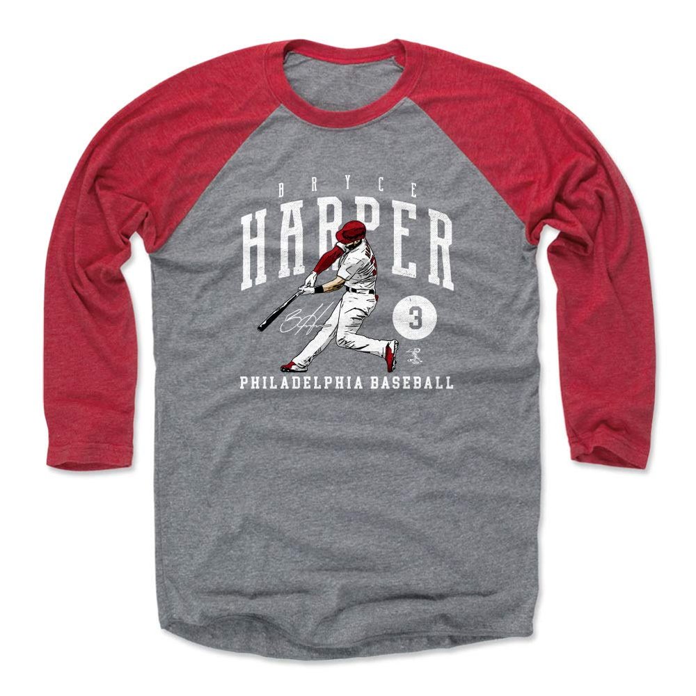 500 LEVEL Bryce Harper 3/4 Sleeve T-Shirt (Baseball Tee, XXX-Large, Red/Heather Gray) - Bryce Harper Game WHT