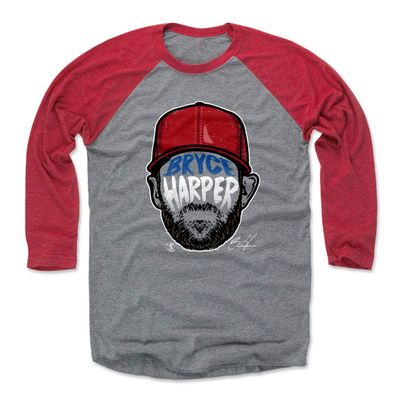500 LEVEL Bryce Harper 3/4 Sleeve T-Shirt (Baseball Tee, XXX-Large, Red/Heather Gray) - Bryce Harper Player Silhouette WHT