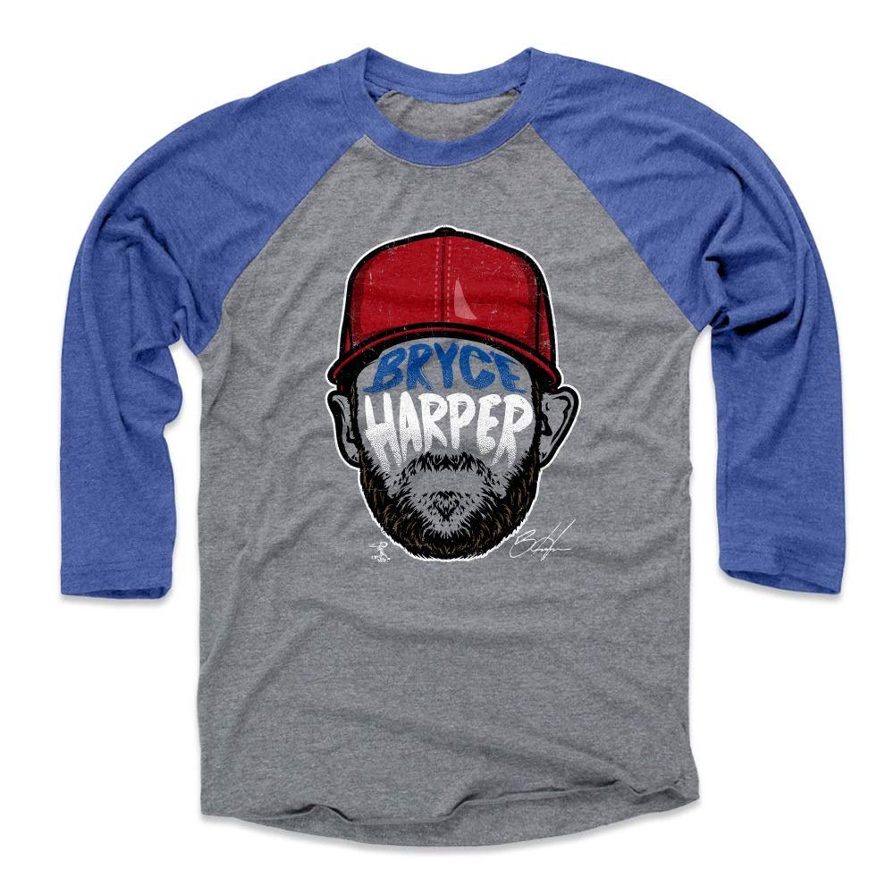 500 LEVEL Bryce Harper 3/4 Sleeve T-Shirt (Baseball Tee, XXX-Large, Royal/Heather Gray) - Bryce Harper Player Silhouette WHT