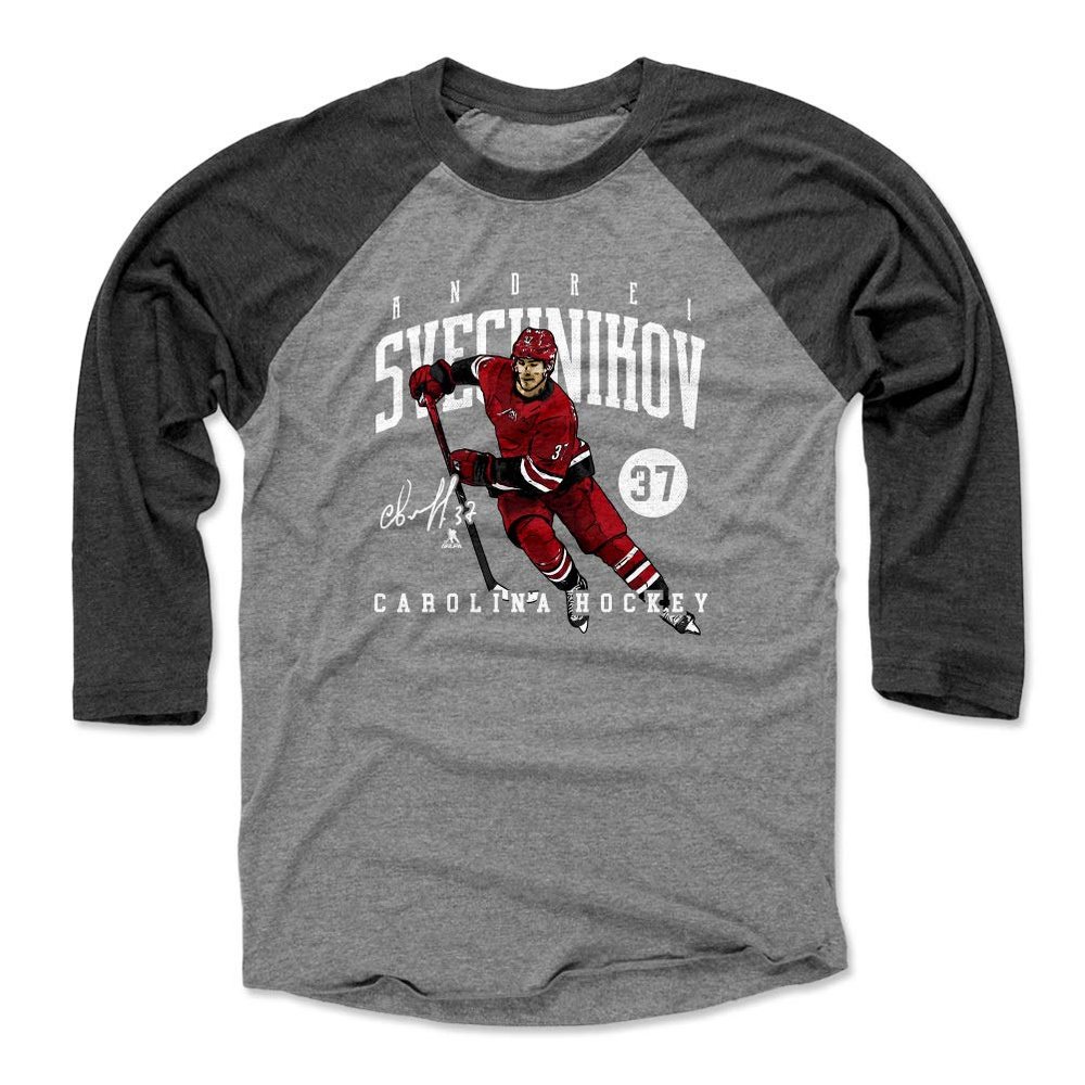 500 LEVEL Andrei Svechnikov Tee Shirt (Baseball Tee, XXX-Large, Black/Heather Gray) - Carolina Raglan Tee - Andrei Svechnikov Game WHT