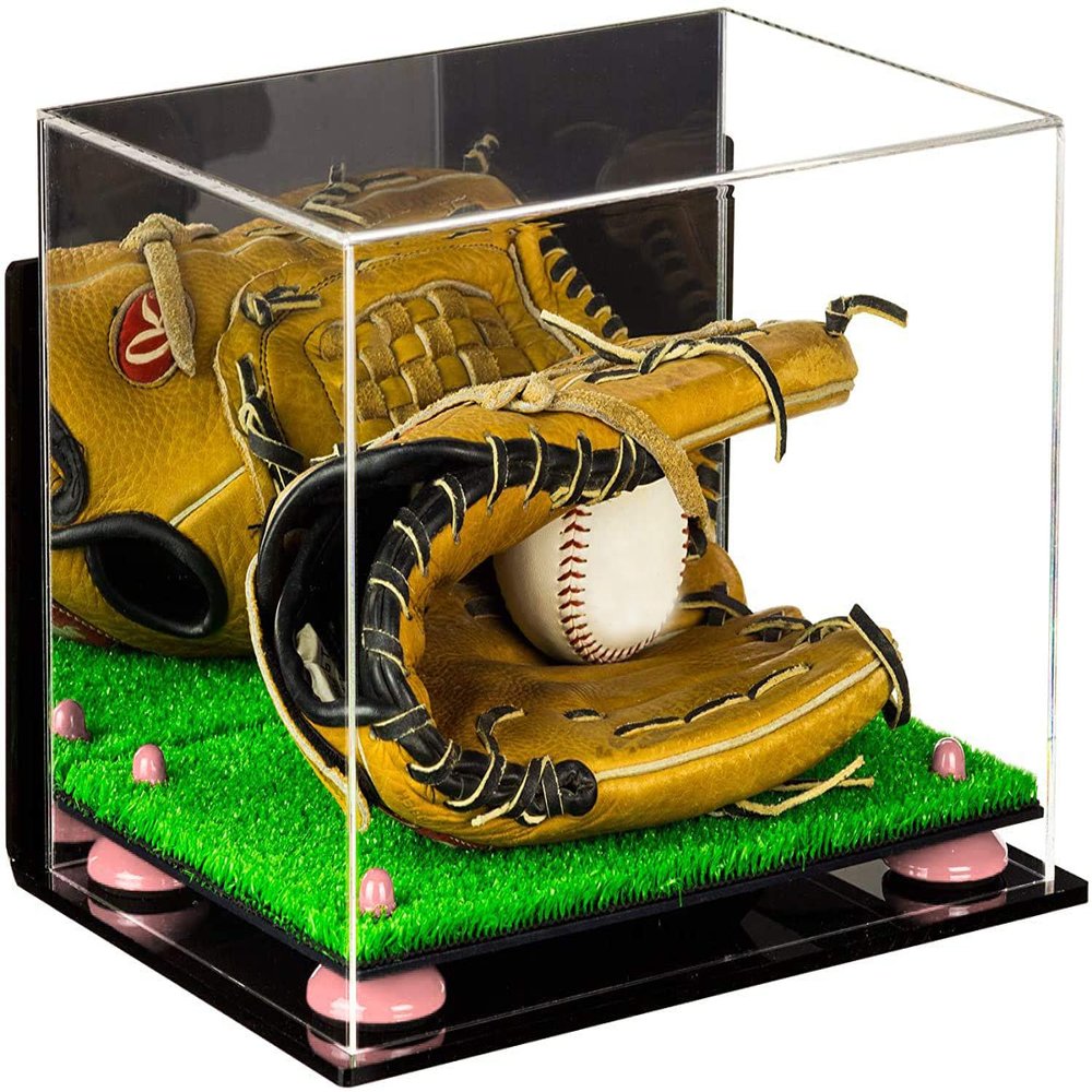 Better Display Cases Acrylic Baseball Glove Display Case with Mirror, Wall Mount, Pink Risers and Turf Base (A004-PNR)