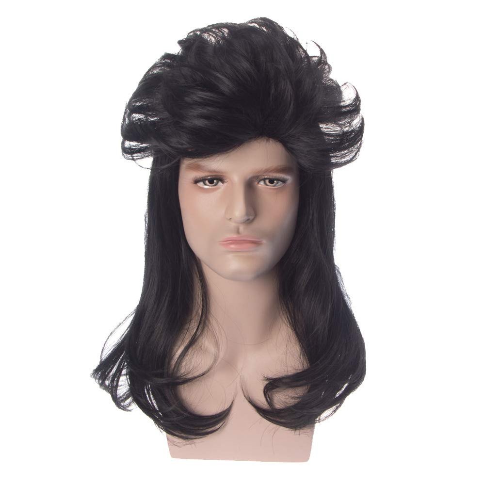 XZEN Men's 70/80s Wig Costume Wig Long Curly Black Rocker Wig Music Festival-Carnival Wig (style 1)