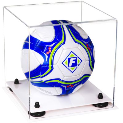 Better Display Cases Acrylic Display Case for Collectibles, Full Size Soccer Ball Display Case,Black Risers & White Base, Handcrafted Showcase Box.DIM;9.75" L x 9.75" W x 9.75" H. (B02)