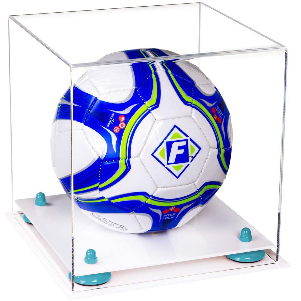 Better Display Cases Acrylic Display Case for Collectibles, Full Size Soccer Ball Display Case,Blue Risers & White Base, Handcrafted Showcase Box.DIM;9.75" L x 9.75" W x 9.75" H. (B02)