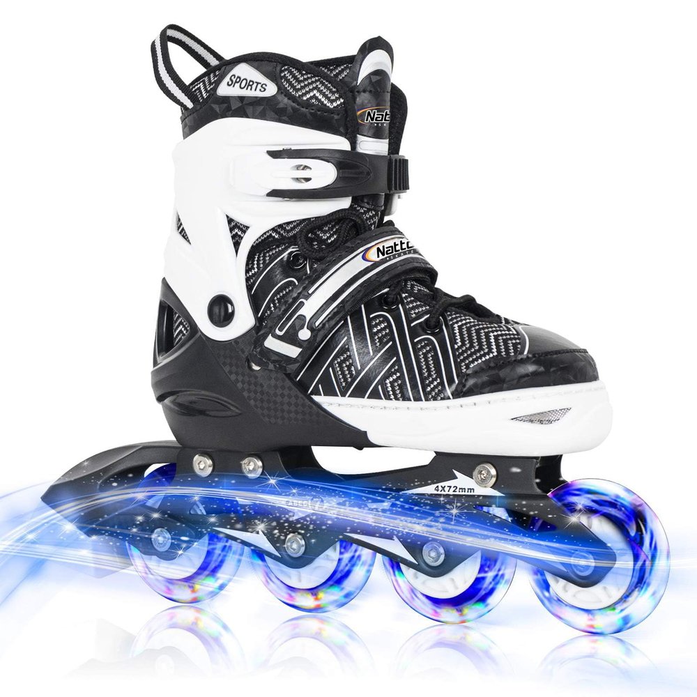 Nattork Adjustable Inline Skates for Big Boys Youth with Light up Wheels - Black Youth Blade Roller for Beginners Teen Size 5 6 7 8 Ages 11 12 13 14 15