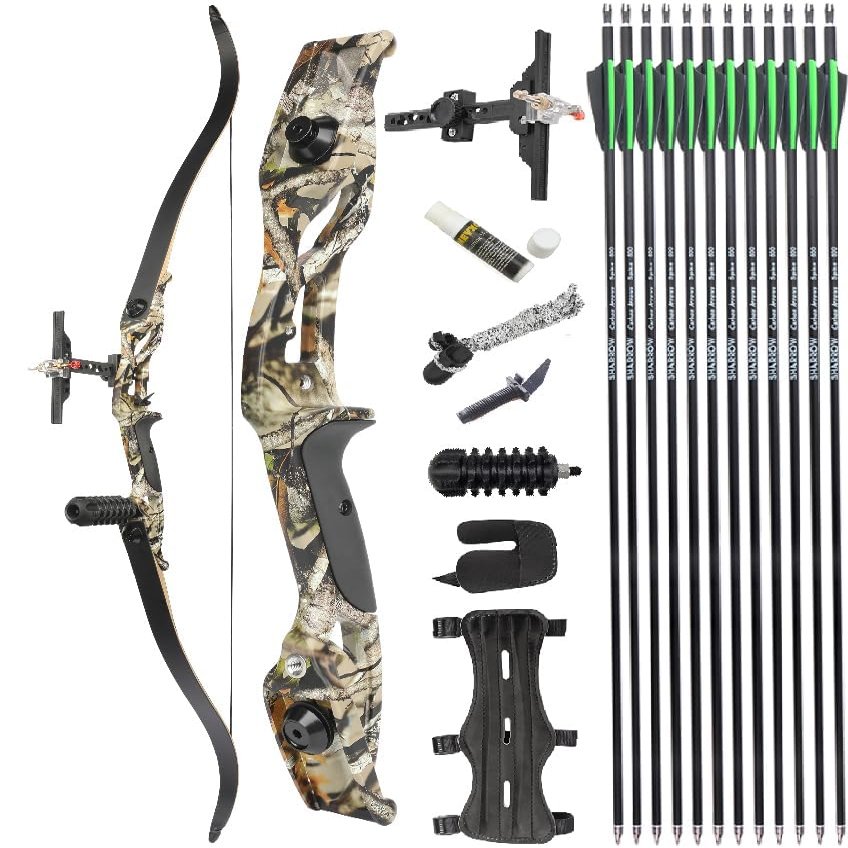 AMEYXGS 56" Recurve Bow Set Hungting Bow kit for Adult or Beginners Target Practice and Hunting Draw Weight 30/35/40/45/50lbs Aluminium Alloy Takedown Bow and Carbon Arrow for RTH Archer(Camo,40 lbs)
