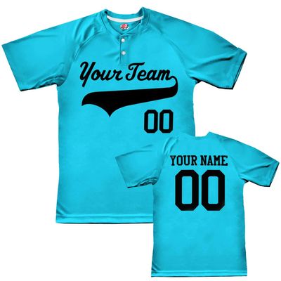 Custom Baseball Jersey 2 Button Solid Color with Logo| Neon Blue | Youth XL