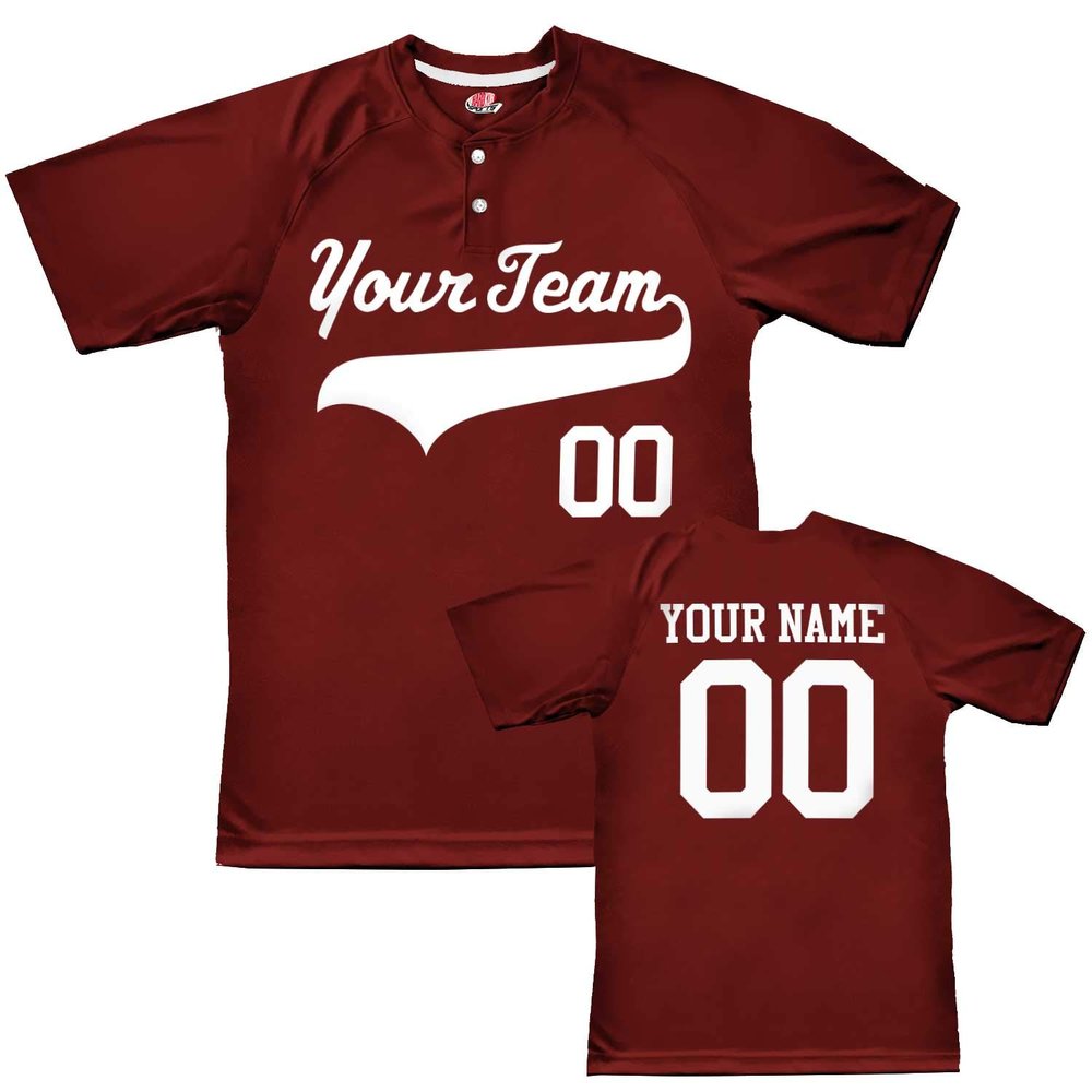 Custom Baseball Jersey 2 Button Solid Color with Logo| Maroon | Youth Large