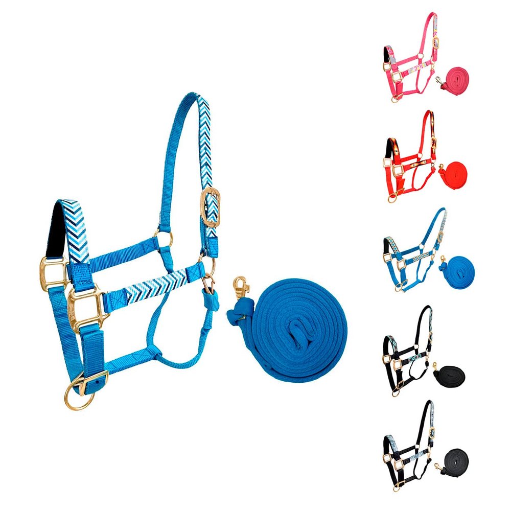 Tahoe Tack Patterned Nylon Adjustable Horse Halters with Padded Noseband and Matching 10 Soft Grip Lead Rope (Full/Average, Blue Chevron and Hurricane Blue)