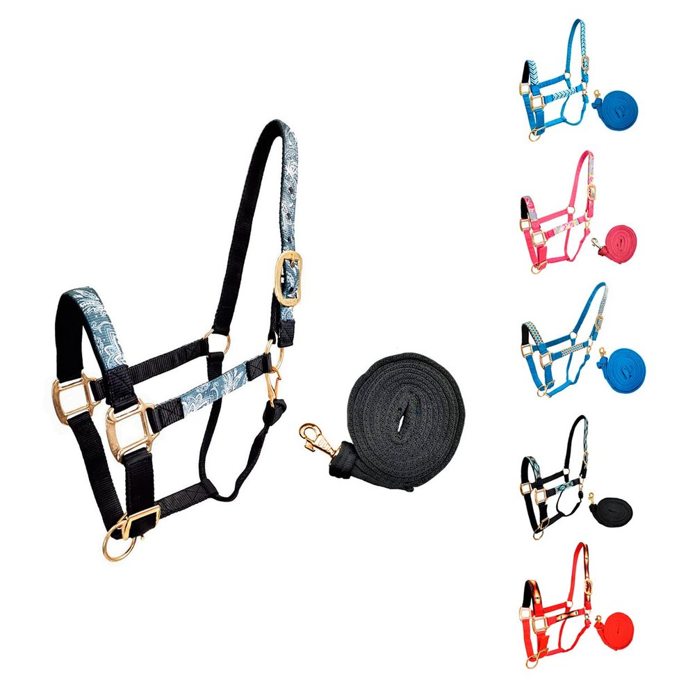 Tahoe Tack Patterned Nylon Adjustable Horse Halters with Padded Noseband and Matching 10 Soft Grip Lead Rope (Full/Average, Paisley and Charcoal)