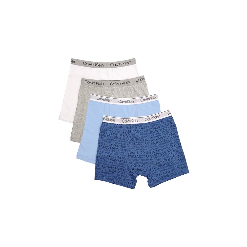 Calvin Klein Kids Boys' Modern Cotton Boxer Brief Underwear 4-Pack, Blue/Grey/White, Small