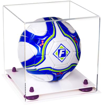 Better Display Cases Acrylic Display Case for Collectibles, Full Size Soccer Ball Display Case, Purple Risers & White Base, Handcrafted Showcase Box.DIM;9.75" L x 9.75" W x 9.75" H. (B02)