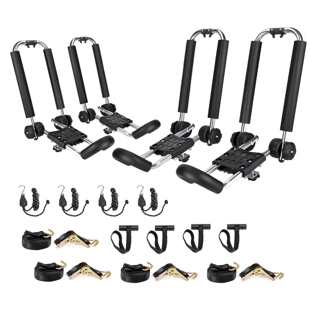 AA-Racks Kayak Roof Rack for 2 Kayaks Foldable Stainless Steel J-Bar Rack Roof Top Mount with Tie Down Straps & Anchor Straps, Folding Carrier for Your Canoe, SUP and Kayaks on SUV Car Truck