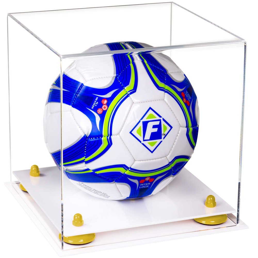 Better Display Cases Acrylic Display Case for Collectibles, Full Size Soccer Ball Display Case, Yellow Risers & White Base, Handcrafted Showcase Box.DIM;9.75" L x 9.75" W x 9.75" H. (B02)