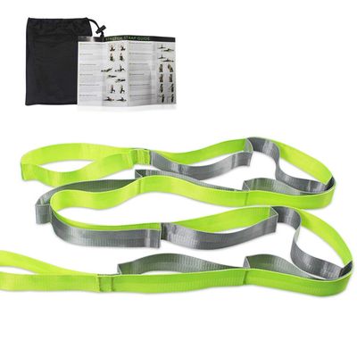 AIPRODA Sports Stretching Strap with12 Loops for Physical Therapy, Yoga, Exercise and Flexibility - Non Elastic Fitness Stretch Band + Exercise Instructions & Carry Bag (Light Green&Grey)