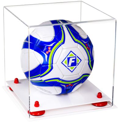 Better Display Cases Acrylic Display Case for Collectibles, Full Size Soccer Ball Display Case, Red Risers & White Base, Handcrafted Showcase Box.DIM;9.75" L x 9.75" W x 9.75" H. (B02)