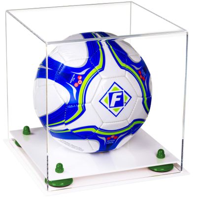 Better Display Cases Acrylic Display Case for Collectibles, Full Size Soccer Ball Display Case,Green Risers & White Base, Handcrafted Showcase Box.DIM;9.75" L x 9.75" W x 9.75" H. (B02)