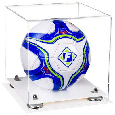 Better Display Cases Acrylic Display Case for Collectibles, Full Size Soccer Ball Display Case,Silver Risers & White Base, Handcrafted Showcase Box.DIM;9.75" L x 9.75" W x 9.75" H. (B02)