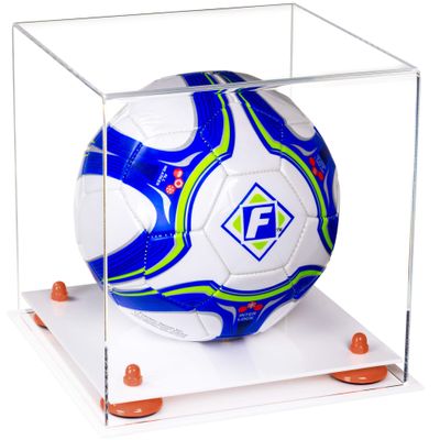 Better Display Cases Acrylic Display Case for Collectibles, Full Size Soccer Ball Display Case,Orange Risers & White Base, Handcrafted Showcase Box.DIM;9.75" L x 9.75" W x 9.75" H. (B02)