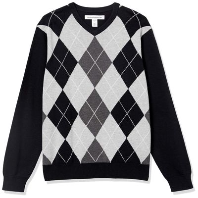 Amazon Essentials Men's V-Neck Pullover Sweater (Available in Big & Tall), Black Argyle, Small