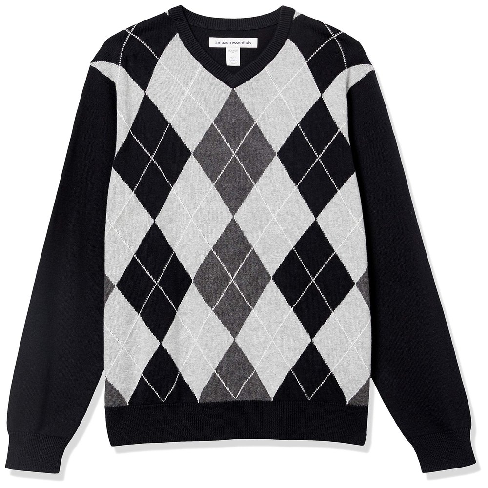 Amazon Essentials Men's V-Neck Pullover Sweater (Available in Big & Tall), Black Argyle, Small