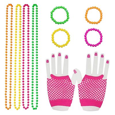 80s Women Costume Accessories Set Acrylic Neon Bead Necklace Bracelet Colorful Fingerless Short Fishnet Gloves for 80's Party(Green,Yellow,Pink,Orange) (Pink)
