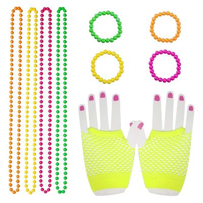 80s Women Costume Accessories Set Acrylic Neon Bead Necklace Bracelet Colorful Fingerless Short Fishnet Gloves for 80's Party