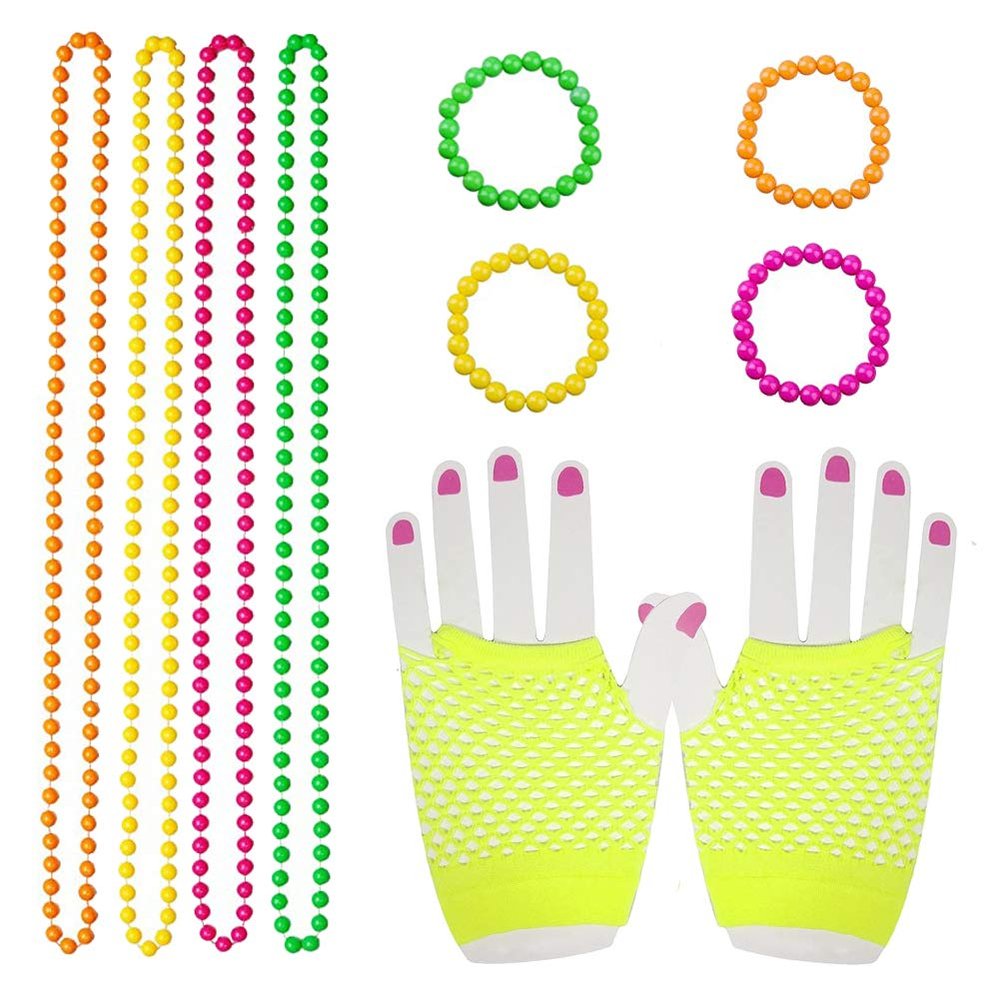 80s Women Costume Accessories Set Acrylic Neon Bead Necklace Bracelet Colorful Fingerless Short Fishnet Gloves for 80's Party