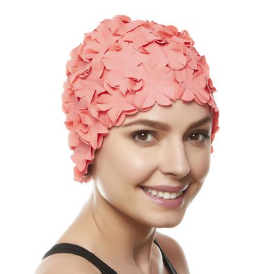 Latex Swim Cap - Women Stylish Swimming Cap Great for Ladies, Perfect to Keep Hair Dry - Suitable for Long Hair - Floral Petal Vintage Style - Hot Pink