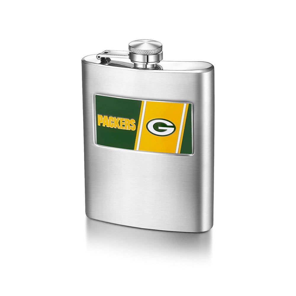 Pro Specialties Group NFL Green Bay Packers 8-Ounce Matte Finished Stainless Steel Hip Flask with Rectangular Team Emblem and Funnel Silver, 5 1/4 x 3 3/4 x 7/8