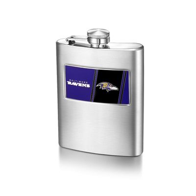 Pro Specialties Group NFL Baltimore Ravens 8-Ounce Matte Finished Stainless Steel Hip Flask with Rectangular Team Emblem and Funnel Silver, 5 1/4 x 3 3/4 x 7/8