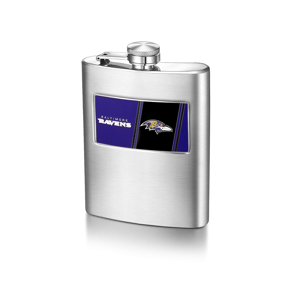 Pro Specialties Group NFL Baltimore Ravens 8-Ounce Matte Finished Stainless Steel Hip Flask with Rectangular Team Emblem and Funnel Silver, 5 1/4 x 3 3/4 x 7/8