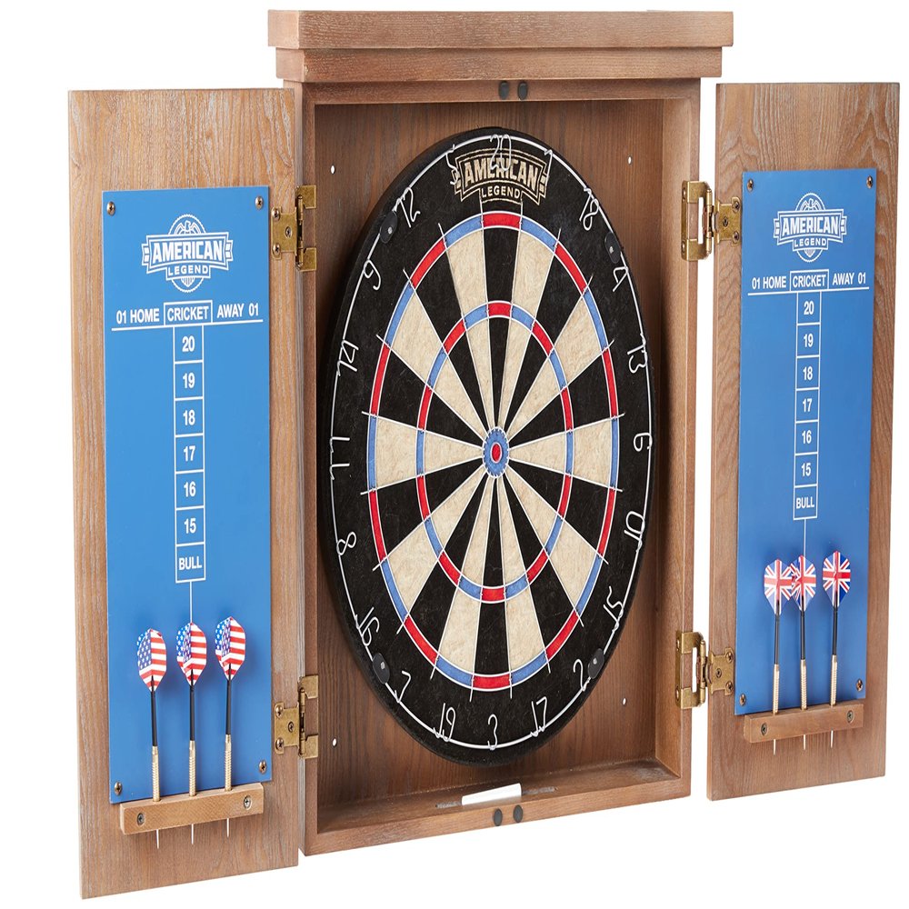 American Legend Charleston Solid Wood Bristle Dartboard Cabinet Set - Includes 18 dartboard and 6 steel tip darts