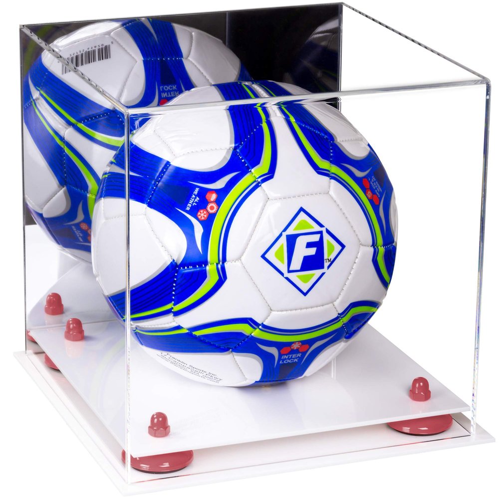 Better Display Cases Acrylic Display Case for Collectibles, Full Size Soccer Ball Display Case,Pink Risers & White Base, Handcrafted Showcase Box.DIM;9.75" L x 9.75" W x 9.75" H. (B02)