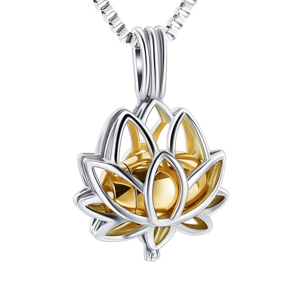 XSMZB Necklace Urn lotus flower Cremation Jewelry for Ashes with Built-in Urn Jar Urn Necklace for Ashes Stainless Steel Ashes Necklace for Women(Gold