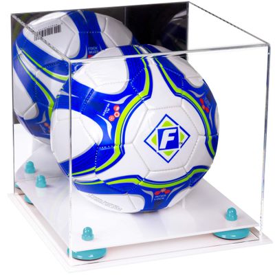 Better Display Cases Acrylic Display Case for Collectibles, Full Size Soccer Ball Display Case,Blue Risers & White Base, Handcrafted Showcase Box.DIM;9.75" L x 9.75" W x 9.75" H.(B02)
