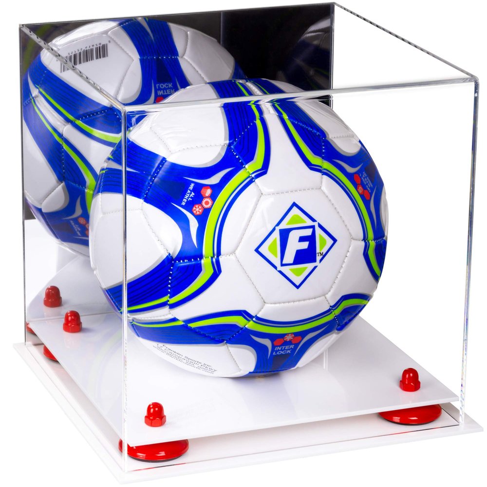 Better Display Cases Acrylic Display Case for Collectibles, Full Size Soccer Ball Display Case,Red Risers & White Base, Handcrafted Showcase Box.DIM;9.75" L x 9.75" W x 9.75" H. (B02)