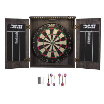 DMI Sports Paris Bristle Dartboard Cabinet Sets - Includes LED Lighting or Electronic Scoring Option, Rustic Grey (D4400W)