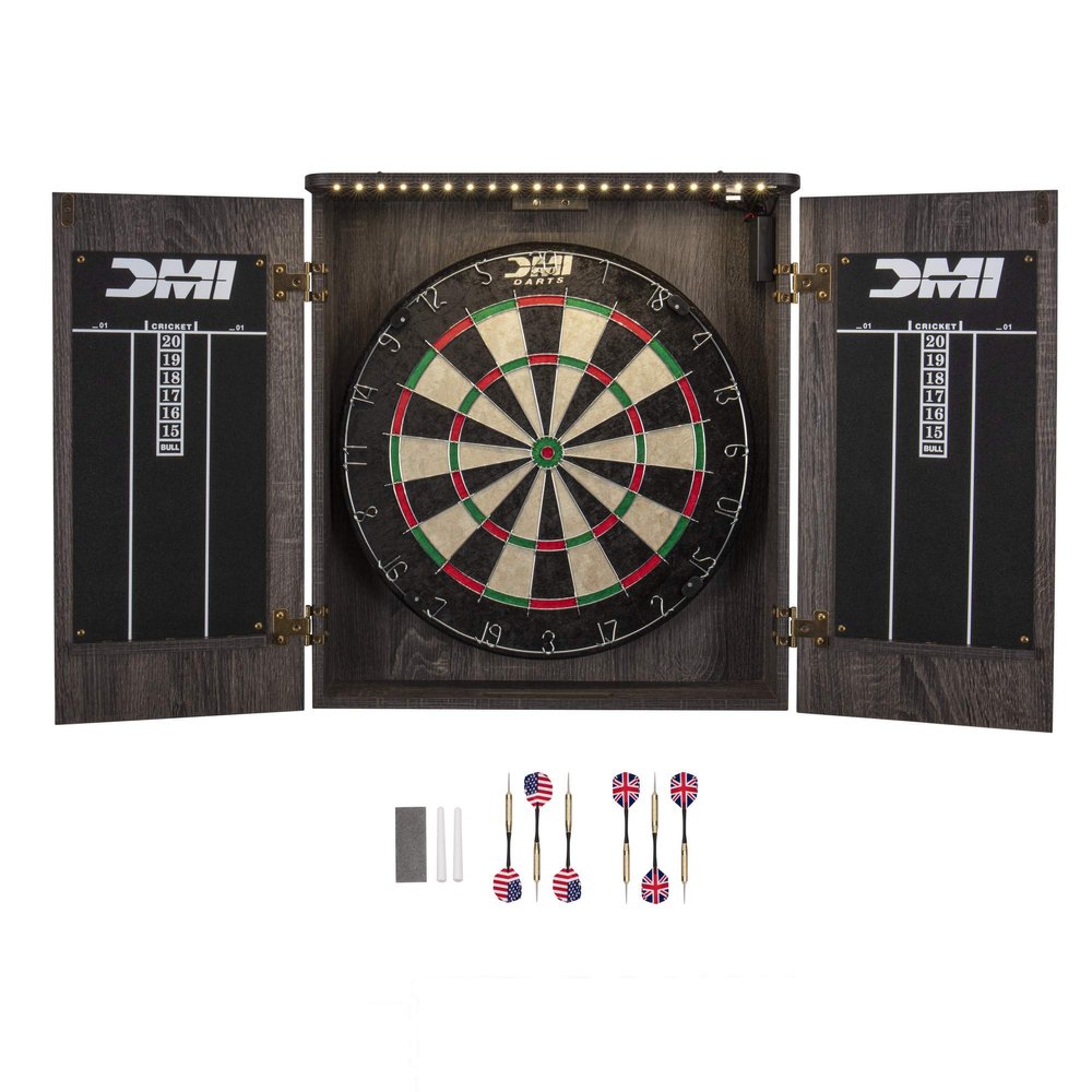 DMI Sports Paris Bristle Dartboard Cabinet Sets - Includes LED Lighting or Electronic Scoring Option, Rustic Grey (D4400W)