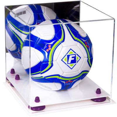 Better Display Cases Acrylic Display Case for Collectibles, Full Size Soccer Ball Display Case,Purple Risers & White Base, Handcrafted Showcase Box.DIM;9.75" L x 9.75" W x 9.75" H.(B02)