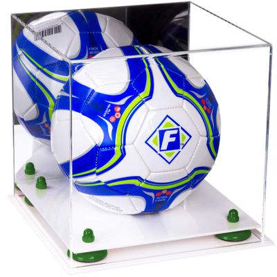 Better Display Cases Acrylic Display Case for Collectibles, Full Size Soccer Ball Display Case,Green Risers & White Base, Handcrafted Showcase Box.DIM;9.75" L x 9.75" W x 9.75" H. (B02)