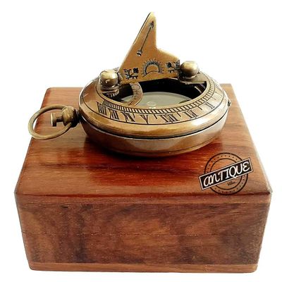 AV Sundial Compass Push Knob Pocket GPS Magnetic Needle Working Sun-Diel with Wooden Box/Case