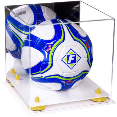 Better Display Cases Acrylic Display Case for Collectibles, Full Size Soccer Ball Display Case,Yellow Risers & White Base, Handcrafted Showcase Box.DIM;9.75" L x 9.75" W x 9.75" H. (B02)