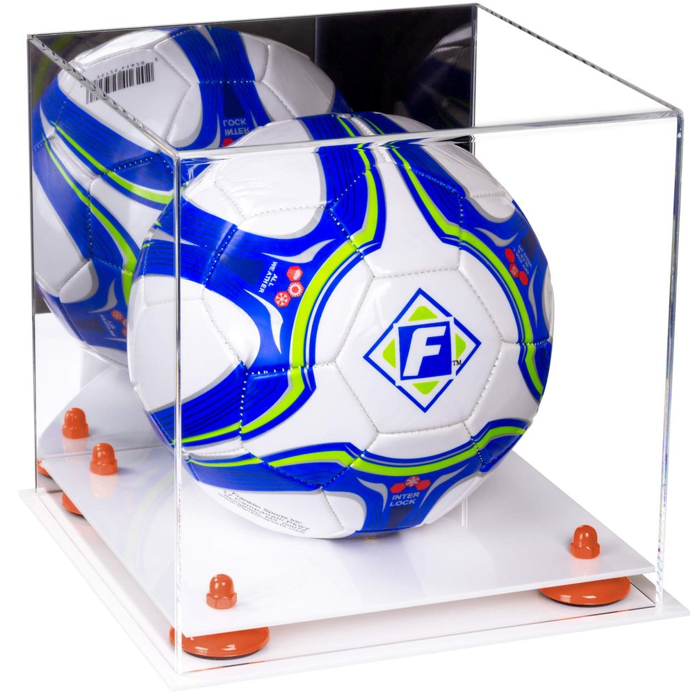 Better Display Cases Acrylic Display Case for Collectibles, Full Size Soccer Ball Display Case,Orange Risers & White Base, Handcrafted Showcase Box.DIM;9.75" L x 9.75" W x 9.75" H.(B02)
