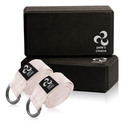 Pete's Choice 2 Yoga Blocks + 2 Yoga Straps - Starter Kit for Beginners, Ideal for Home Indoor Exercises